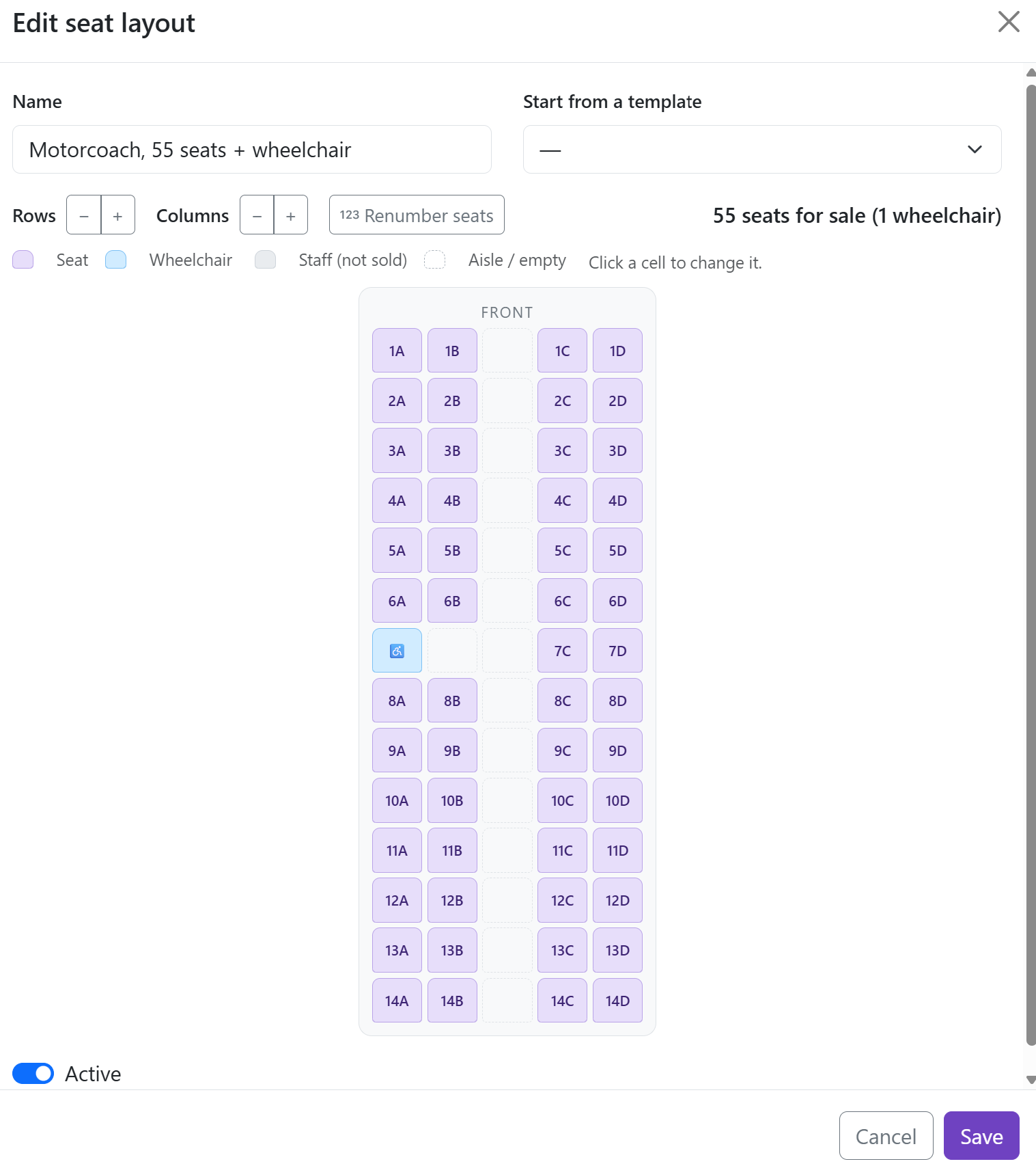 Seat layout editor showing a 55-seat motorcoach with a wheelchair space