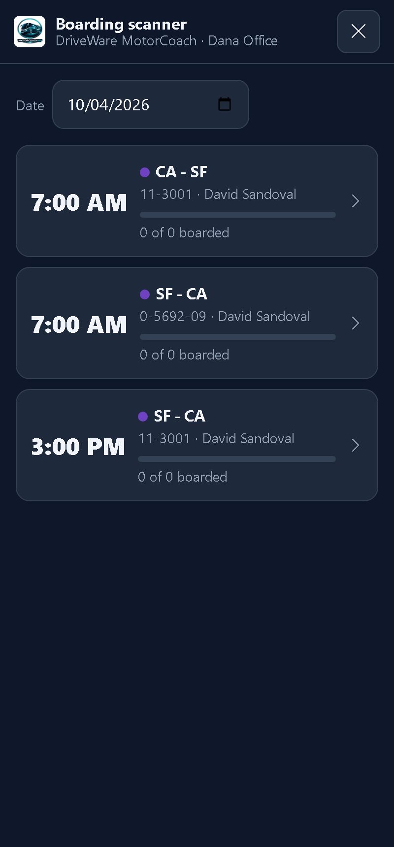 Boarding scanner on a driver's phone listing today's departures with boarded counts