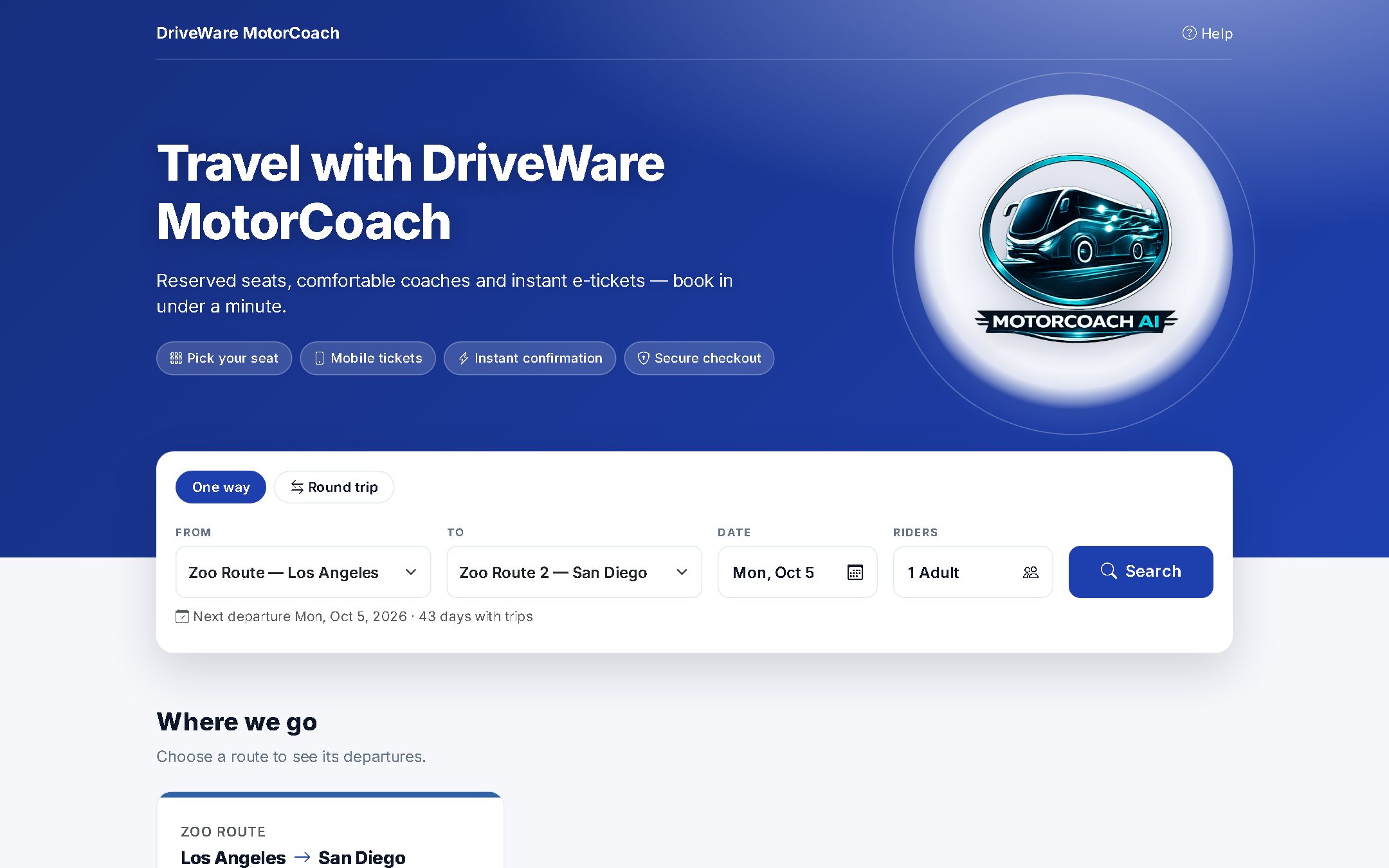 Branded booking page with a search form for from, to, date and riders