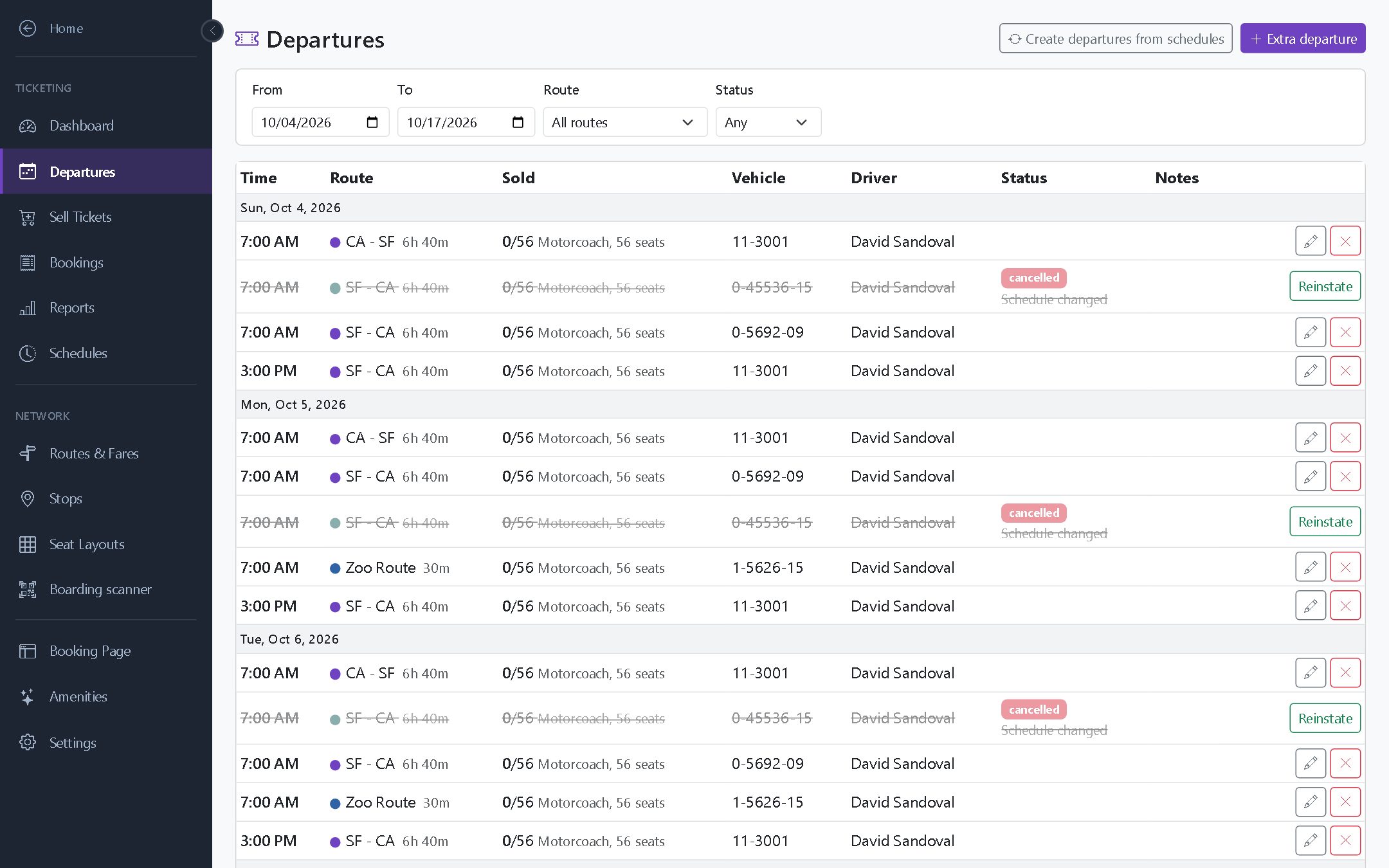 Departures list grouped by day with time, route, seats sold, vehicle, driver and status