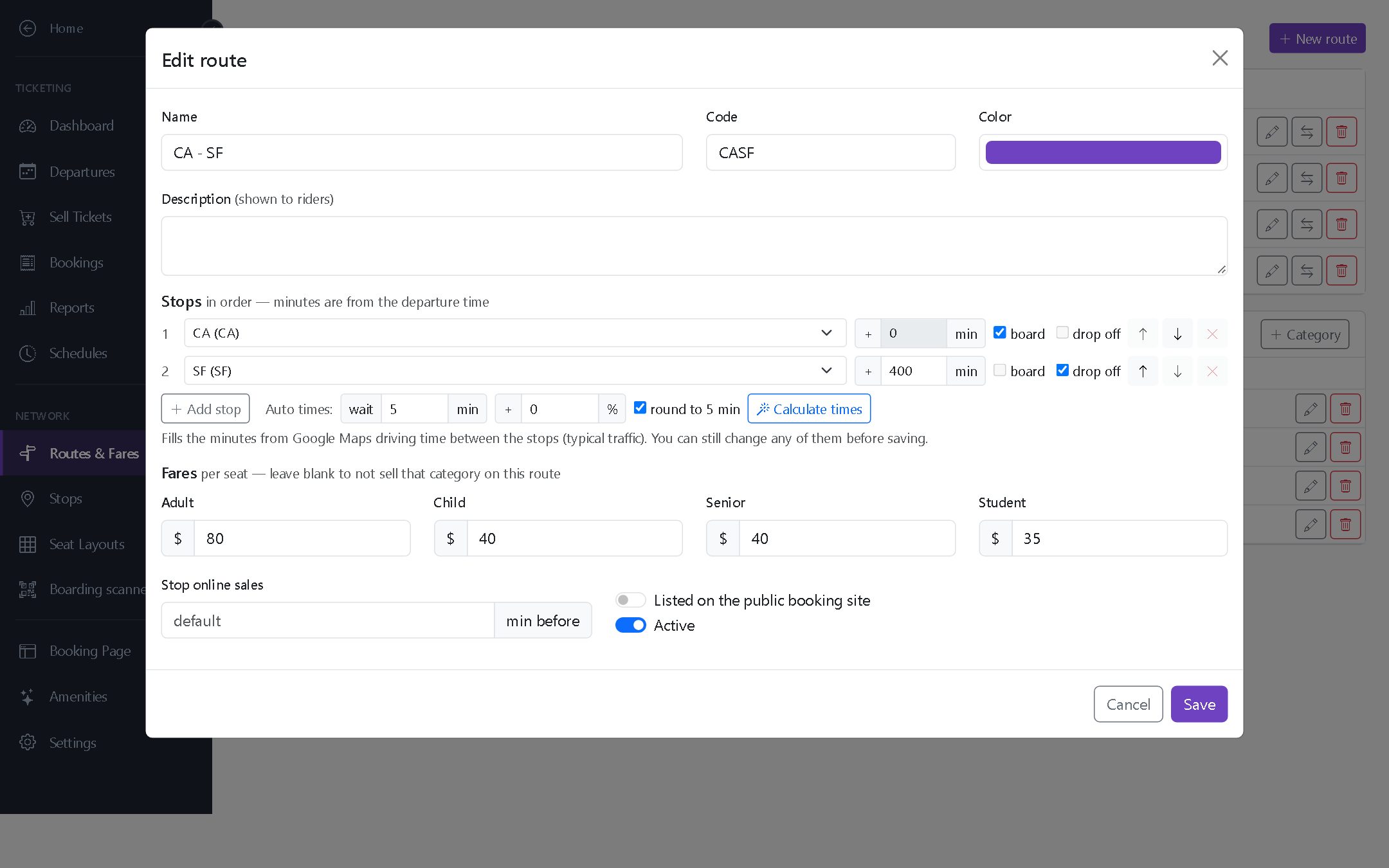 Route editor with stops, minutes from departure, a Calculate times button and fares per rider type
