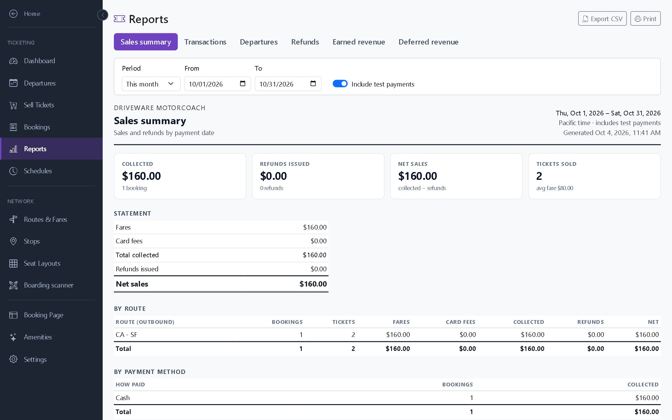 Sales summary report with collected, refunds issued, net sales, tickets sold and a statement by route and payment method