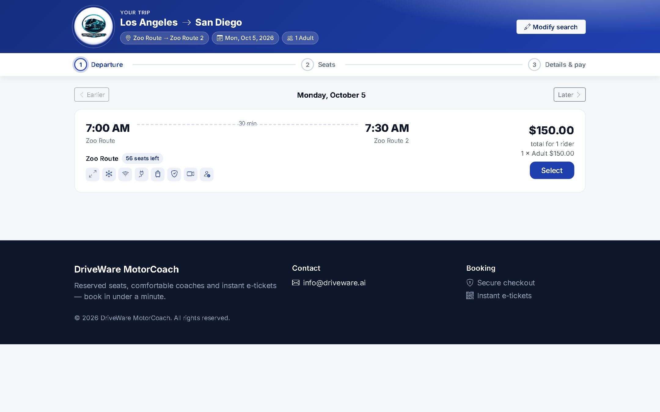 Search results showing a 7:00 AM departure with seats left, amenities and the fare for the whole party