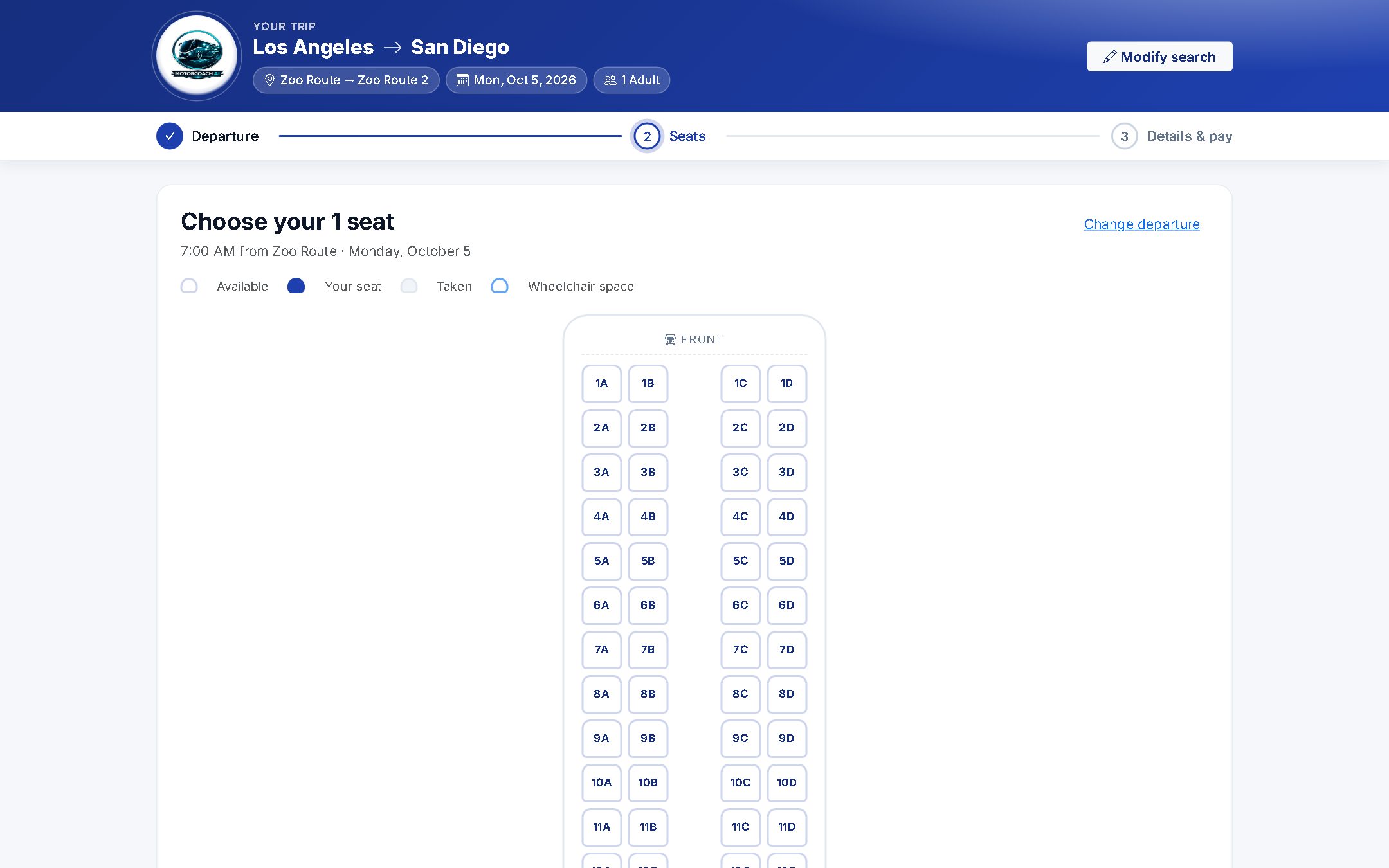 Rider seat selection on the booking page, with available, taken and wheelchair spaces marked